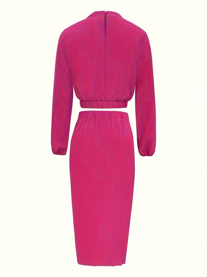 vlovelaw  Solid Color Two-piece Skirt Set, Mock Neck Long Sleeve Crop Top & Knotted Elastic Waist Skirt Outfits, Women's Clothing
