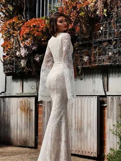 vlovelaw  Guipure Lace V Neck Cocktail Dress, Elegant Cape Sleeve Split Slim Fit Evening Dress For Party & Banquet, Women's Clothing
