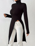 vlovelaw  Solid Turtleneck Split Slim Tunics, Versatile Long Sleeve Longline Top, Women's Clothing