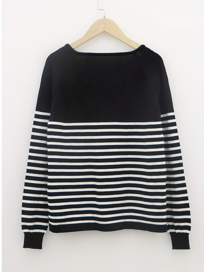 Striped V Neck Pullover Sweater, Casual Long Sleeve Sweater For Spring & Fall, Women's Clothing