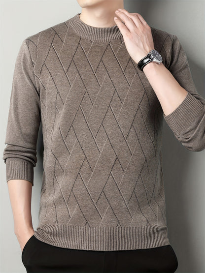 vlovelaw  Men's Stylish Geometric Pattern Knitted Pullover, Casual Breathable Long Sleeve Crew Neck Top For City Walk Street Hanging Outdoor Activities