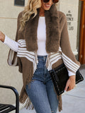 vlovelaw  Faux Fur Trim Open Front Cardigan, Fringe Hem Color Block Cape Cardigan, Women's Clothing