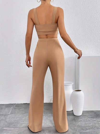 vlovelaw  Elegant Solid Color Two-piece, Chain Strap Backless Crop Top & High Waist Straight Leg Pants Outfits, Women's Clothing