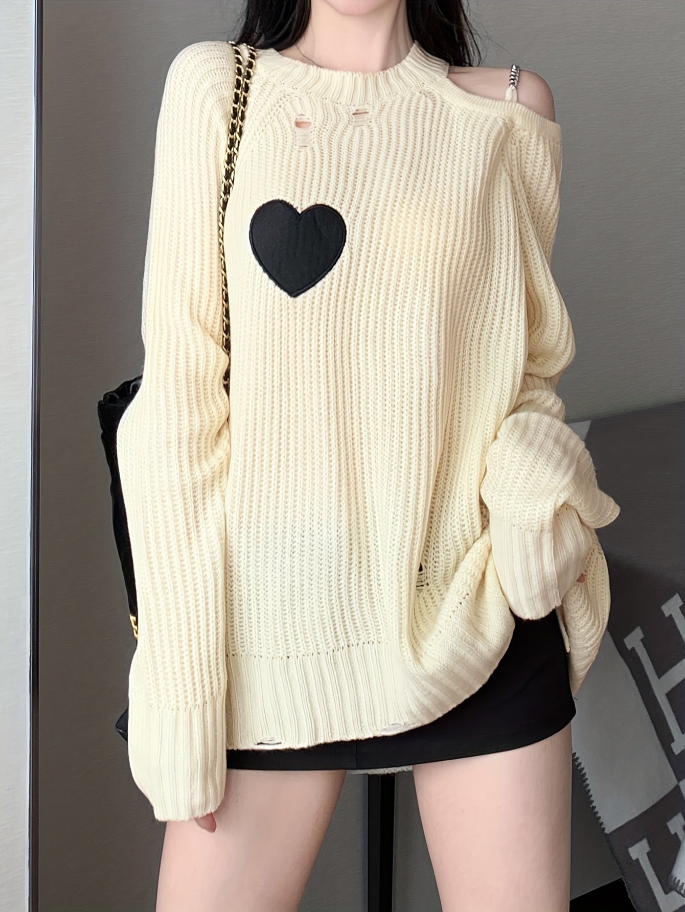 vlovelaw  Valentine's Day Heart Pattern One Shoulder Ripped Sweater, Casual Long Sleeve Sweater For Fall & Winter, Women's Clothing