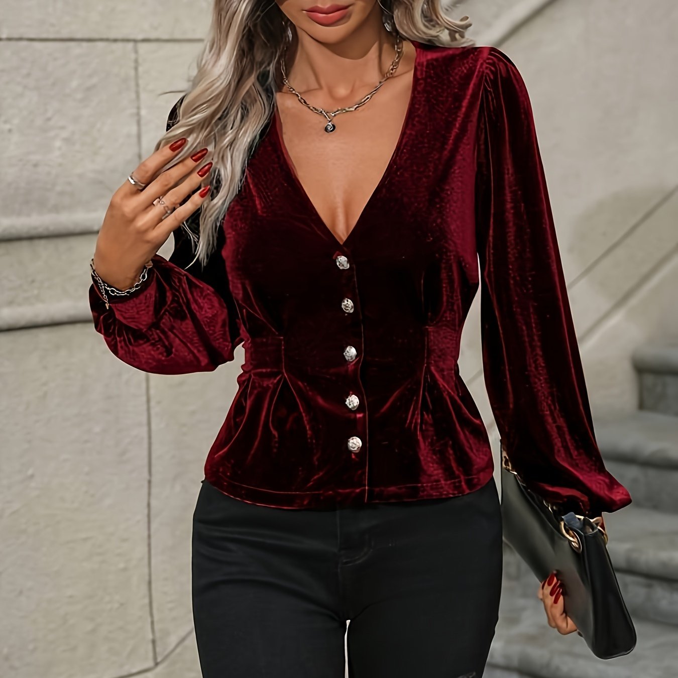 vlovelaw  Solid Button Decor Velvet V-neck Blouse, Vintage Lantern Sleeve Blouse For Spring & Fall, Women's Clothing