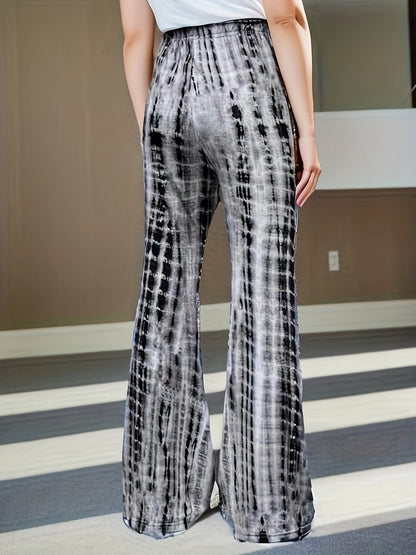 Girls Stylish Black Tie Dye Print Knit High Waisted Flare Leg Pants, Slim Fitting