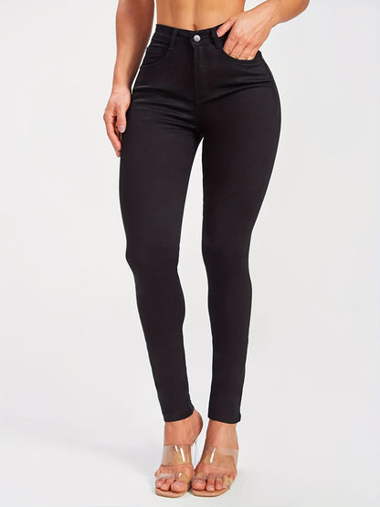 Solid Black Skinny Jeans, High Stretch Mid Rise Stylish Plain Denim Pants, Essential Basic Pants For Every Day, Women's Denim Jeans & Clothing