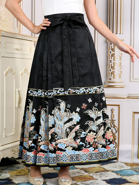 vlovelaw Floral Print Improved Hanfu, Elegant Pleated Midi Lace Up Horse Face Skirt For Festival, Women's Clothing