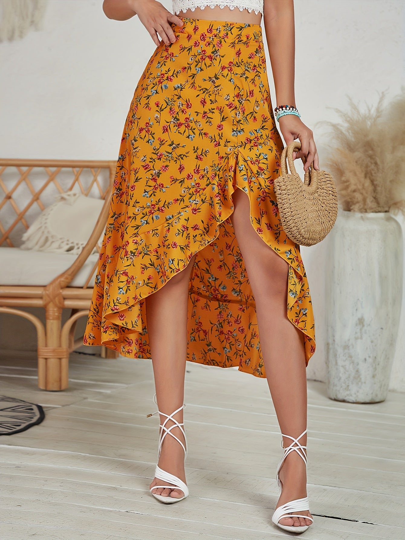 vlovelaw  Floral Print High Waist Skirt, Cute Asymmetrical Skirt For Spring & Summer, Women's Clothing