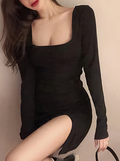 vlovelaw  Solid Square Neck Dress, Casual Long Sleeve Split Bodycon Dress, Women's Clothing