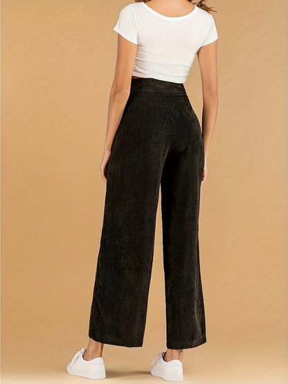 Solid Corduroy Wide Leg Pants, Casual High Waist Slant Pocket Pants, Women's Clothing