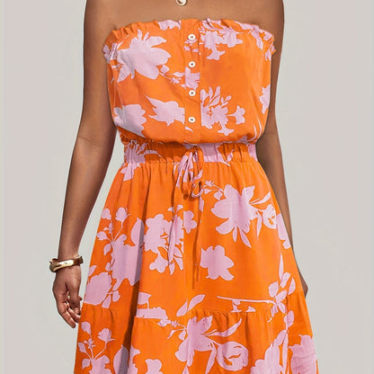 Ditsy Floral Off Shoulder Dress, Sexy Sleeveless Drawstring Summer Dress, Women's Clothing