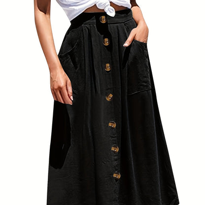 Plus Size Elegant Skirt, Women's Plus Solid Button Decor Slight Stretch Pleated Maxi Skirt With Pockets