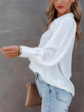 Solid Lapel Long Lantern Sleeve Button Down Shirt, Loose Lightweight Elegant Office Shirt, Women's Clothing