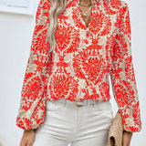 Ethnic Floral Print Blouse, Boho V Neck Long Sleeve Blouse, Women's Clothing