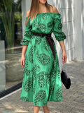 vlovelaw Paisley Print Off Shoulder Dress, Casual Ruffle Hem Long Sleeve Dress, Women's Clothing