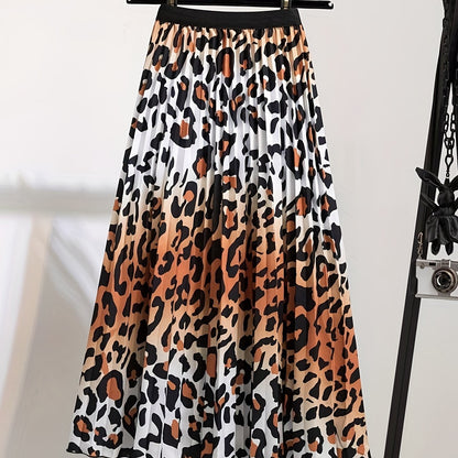 Plus Size Casual Skirt, Women's Plus Leopard Print Elastic High Waisted Pleated A-line Skirt