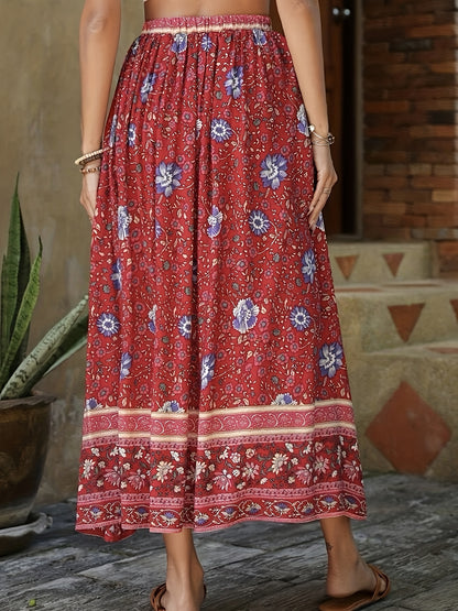 Floral Print Drawstring Waist Skirt, Boho Skirt For Spring & Summer, Women's Clothing