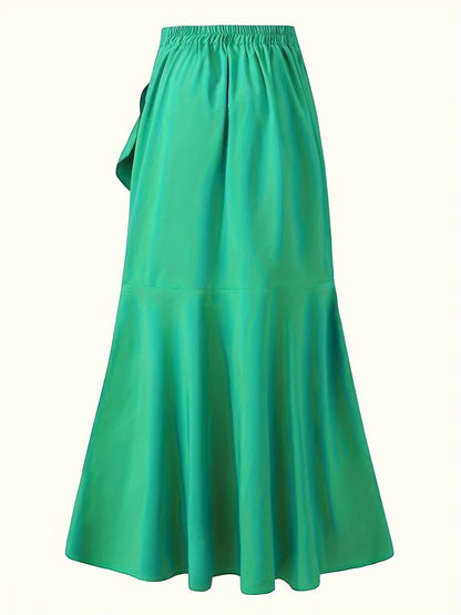 vlovelaw  Solid Ruffle Trim Asymmetrical Skirt, Elegant Belted Mermaid Skirt For Spring & Fall, Women's Clothing