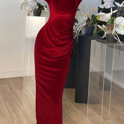 vlovelaw Velvet Mock Neck Dress, Elegant Long Sleeve Ruched Bodycon Dress, Women's Clothing