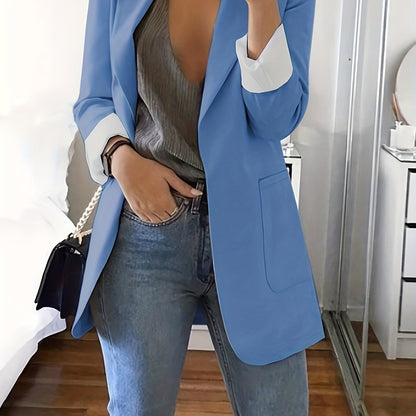 Solid Lapel Blazer, Casual Long Sleeve Open Front Work Office Outerwear, Women's Clothing