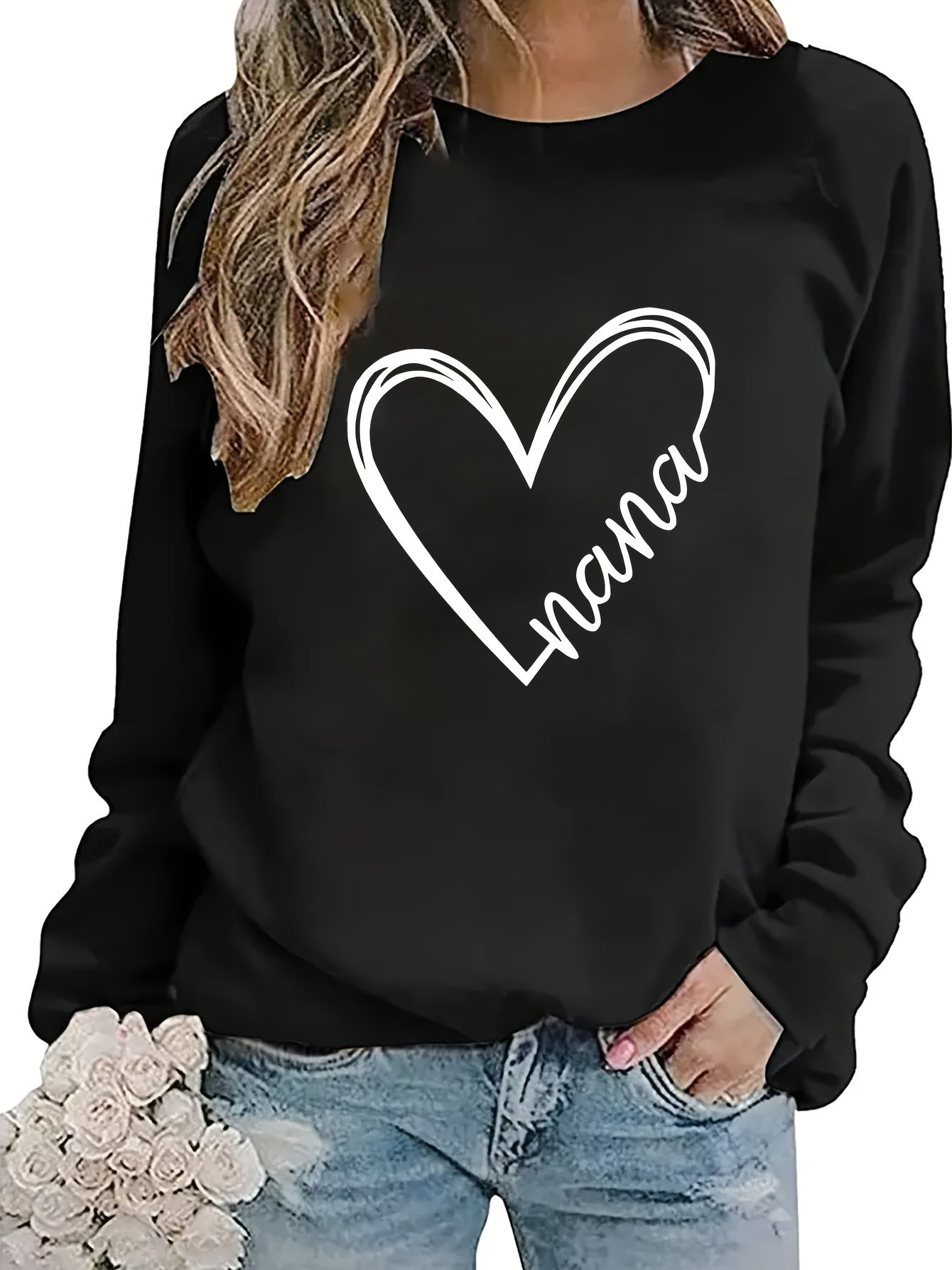 vlovelaw Heart Print Round Neck Sweatshirt, Long Sleeve Crew Neck Sports Pullover Sweatshirt, Women's Activewear