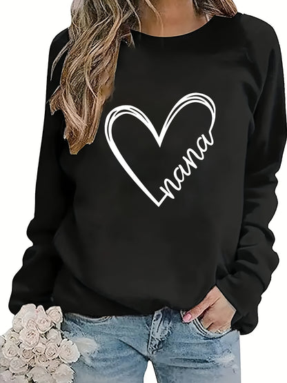 vlovelaw Heart Print Round Neck Sweatshirt, Long Sleeve Crew Neck Sports Pullover Sweatshirt, Women's Activewear