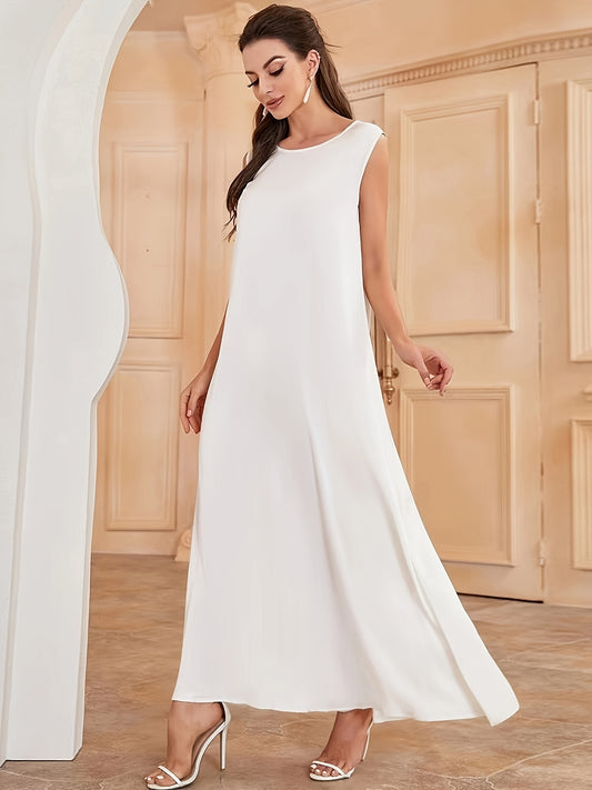 vlovelaw Ramadan Solid Soothly Crew Neck Kaftan Abayas, Elegant Sleeveless Maxi Dress, Women's Clothing