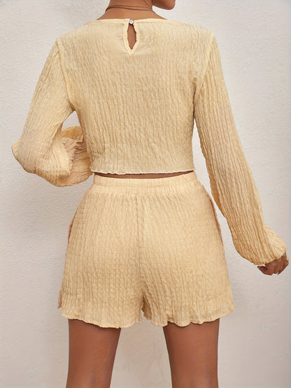 vlovelaw  Solid Casual Two-piece Set, Knot Front Crew Neck Long Sleeve Crop Top & Elastic Waist Shorts Outfits, Women's Clothing