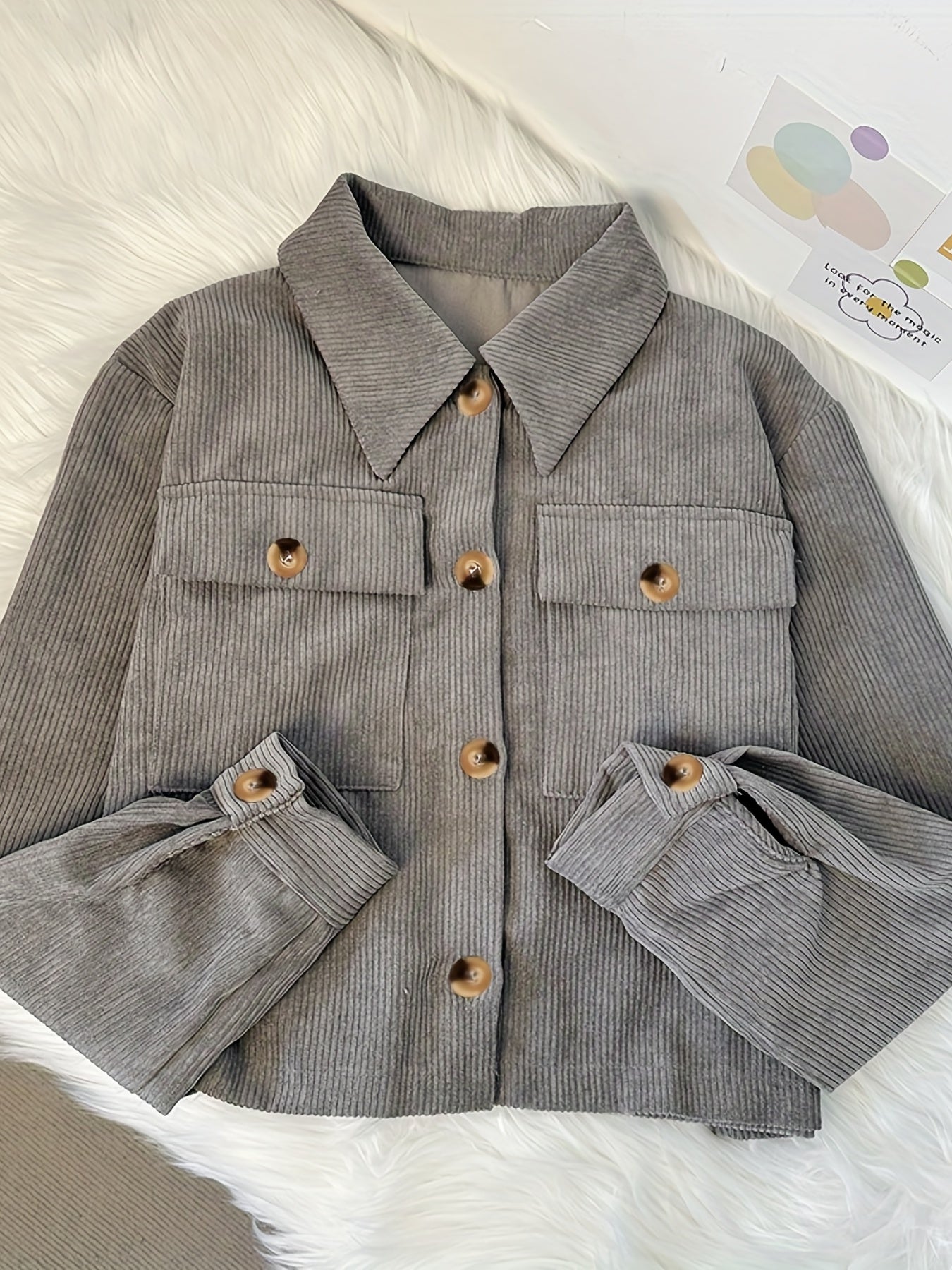 Flap Pockets Corduroy Crop Jacket, Casual Long Sleeve Jacket For Fall & Winter, Women's Clothing