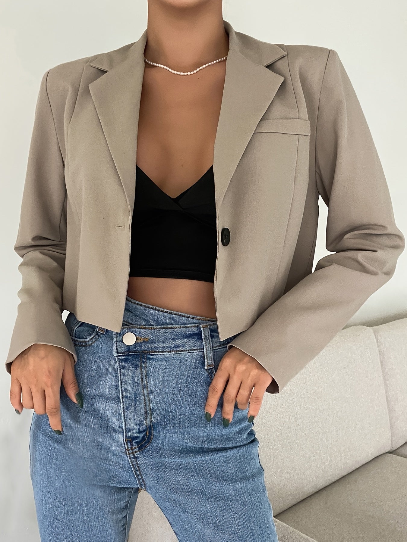 Cropped Solid Lapel Blazer, Elegant Open Front Long Sleeve Outerwear, Women's Clothing