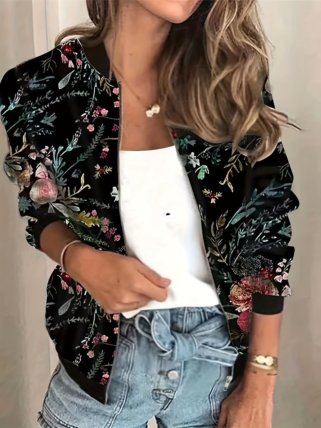 vlovelaw Graphic Print Zipper Jacket, Casual Baseball Neck Long Sleeve Outerwear, Women's Clothing
