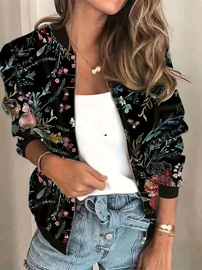 vlovelaw Graphic Print Zipper Jacket, Casual Baseball Neck Long Sleeve Outerwear, Women's Clothing