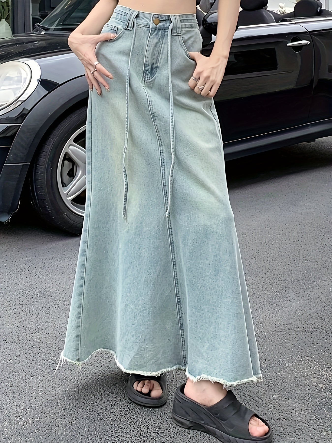 vlovelaw  Cross Strap High Waist Denim Midi Skirt, Raw Trim Loose A-line Fashion Elegant Denim Skirt, Women's Denim Clothing