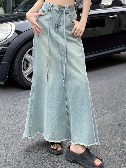 vlovelaw  Cross Strap High Waist Denim Midi Skirt, Raw Trim Loose A-line Fashion Elegant Denim Skirt, Women's Denim Clothing
