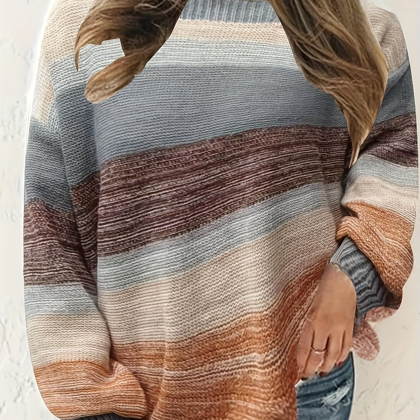 vlovelaw  Plus Size Casual Sweater, Women's Plus Colorblock Long Sleeve Round Neck High Stretch Jumper