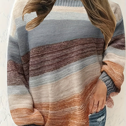 vlovelaw  Plus Size Casual Sweater, Women's Plus Colorblock Long Sleeve Round Neck High Stretch Jumper