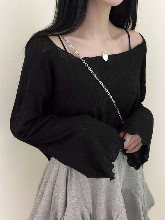 vlovelaw  Solid Boat Neck Crop T-Shirt, Casual Long Sleeve T-Shirt For Spring & Fall, Women's Clothing