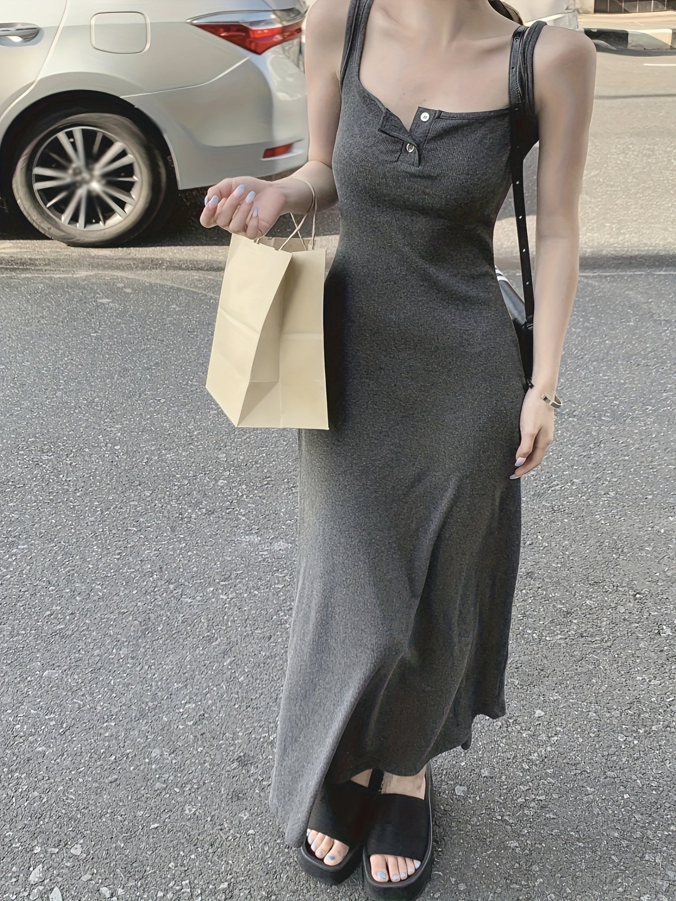 vlovelaw  Solid Button Front Tank Dress, Chic Square Neck Sleeveless A-line Ankle Length Dress, Women's Clothing
