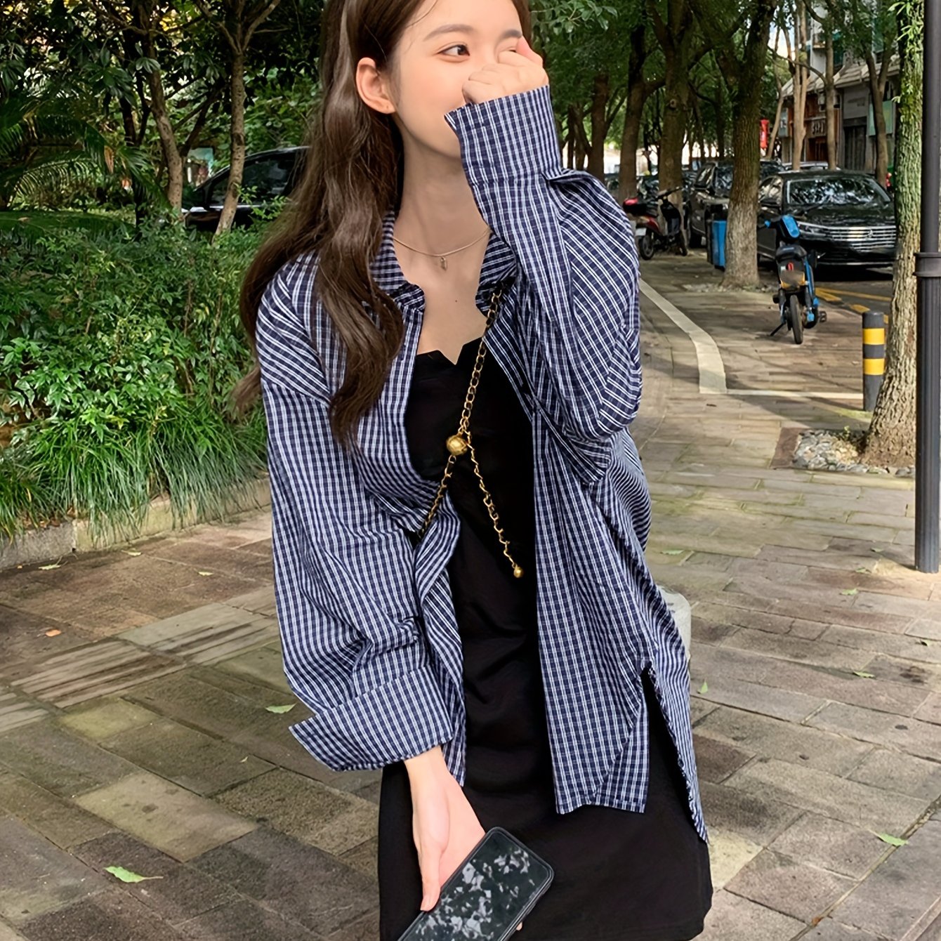 vlovelaw Plaid Print Button Front Shirt, Casual Long Sleeve Loose Shirt For Spring & Fall, Women's Clothing