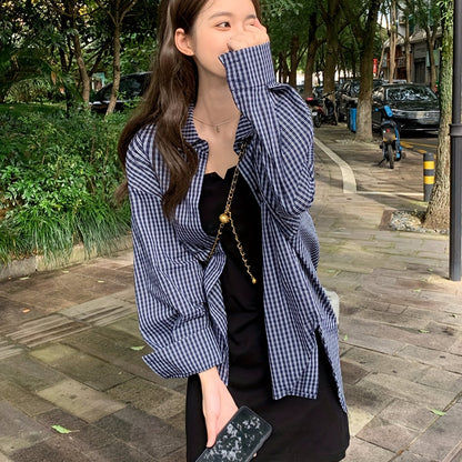 vlovelaw Plaid Print Button Front Shirt, Casual Long Sleeve Loose Shirt For Spring & Fall, Women's Clothing