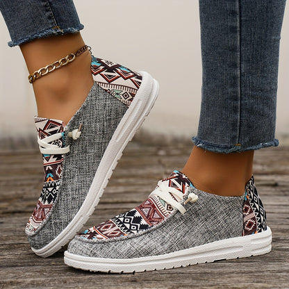 vlovelaw  Women's Tribal Pattern Canvas Shoes, Casual Round Toe Low Top Flat Sneakers, Lightweight Outdoor Walking Shoes