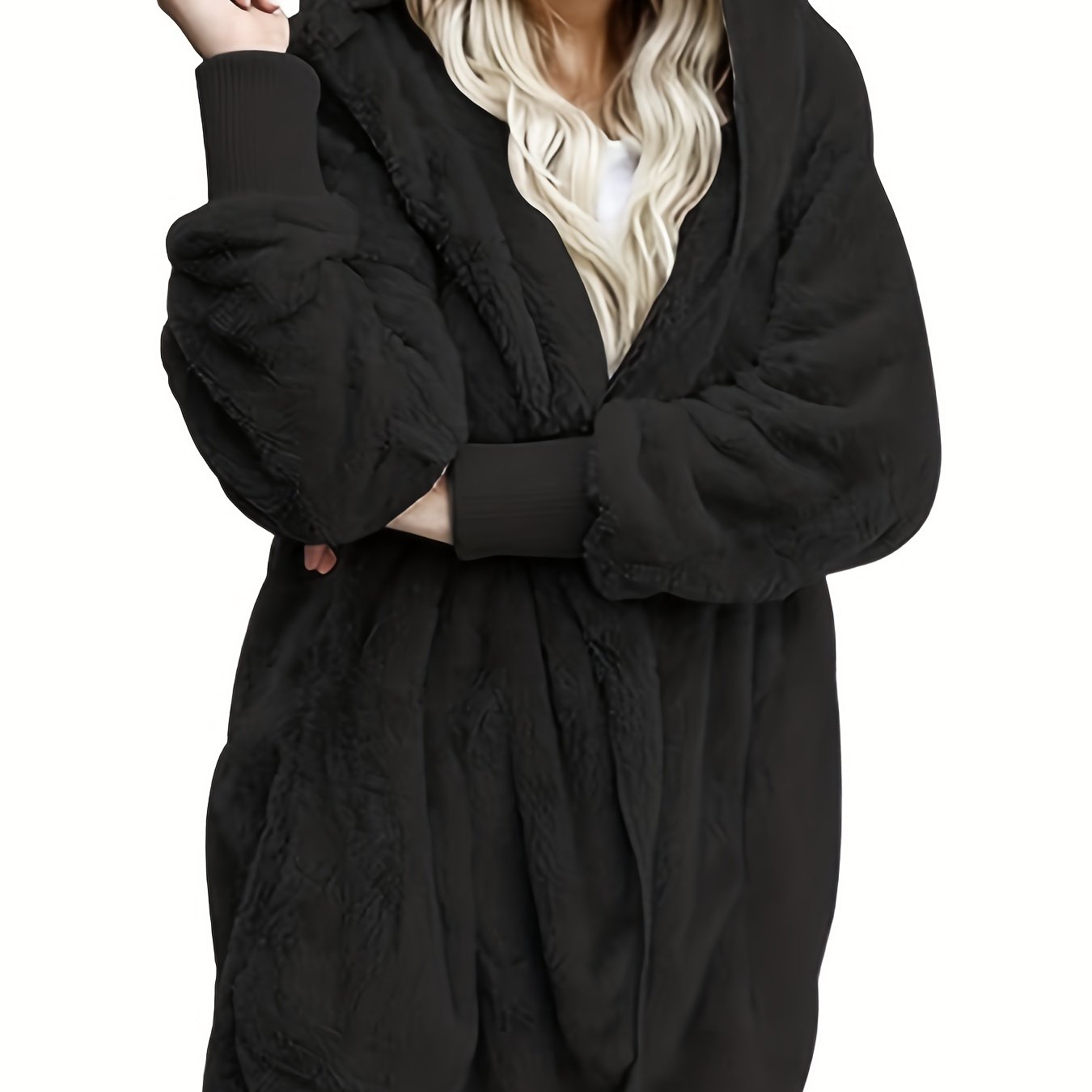 Solid Hooded Fuzzy Coat, Casual Long Sleeve Open Front Coat For Winter & Fall, Women's Clothing