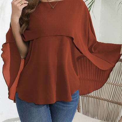 vlovelaw  Plus Size Elegant Blouse, Women's Plus Solid Layered Mesh Batwing Sleeve Round Neck Shirt Top