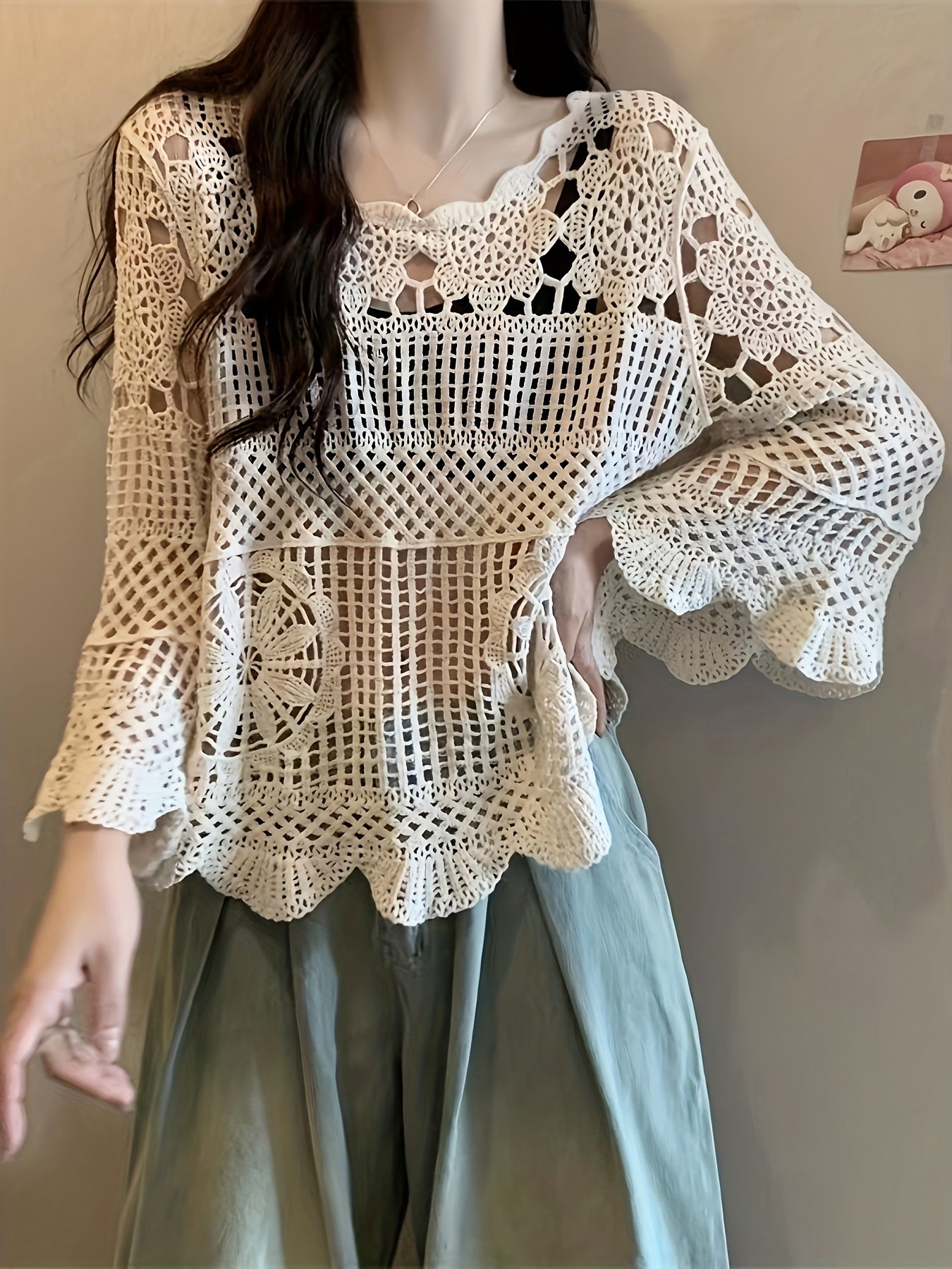 vlovelaw  Crochet Floral Pattern Knitted Top, Casual Beach Wear Solid Sleeveless Summer Top, Women's Clothing