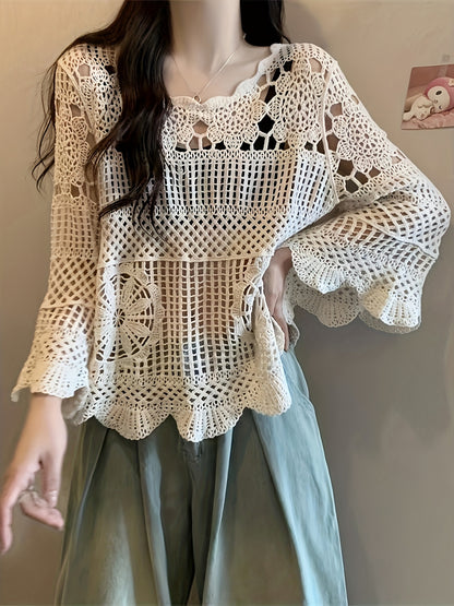 vlovelaw  Crochet Floral Pattern Knitted Top, Casual Beach Wear Solid Sleeveless Summer Top, Women's Clothing
