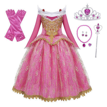 vlovelaw  Girls Long Sleeve Princess Dress Performance Dress Costume Dress Up Birthday Christmas Party Cosplay Outfit Accessories Included Set Kids Clothes