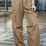 vlovelaw Plus Size Casual Pants, Women's Plus Solid Elastic Drawstring High Rise Loose Parachute Cargo Pants With Pockets
