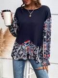 vlovelaw  Tribal Stitching Color Block Tee, Casual Long Sleeve Ruffle Trim T-shirt, Women's Clothing
