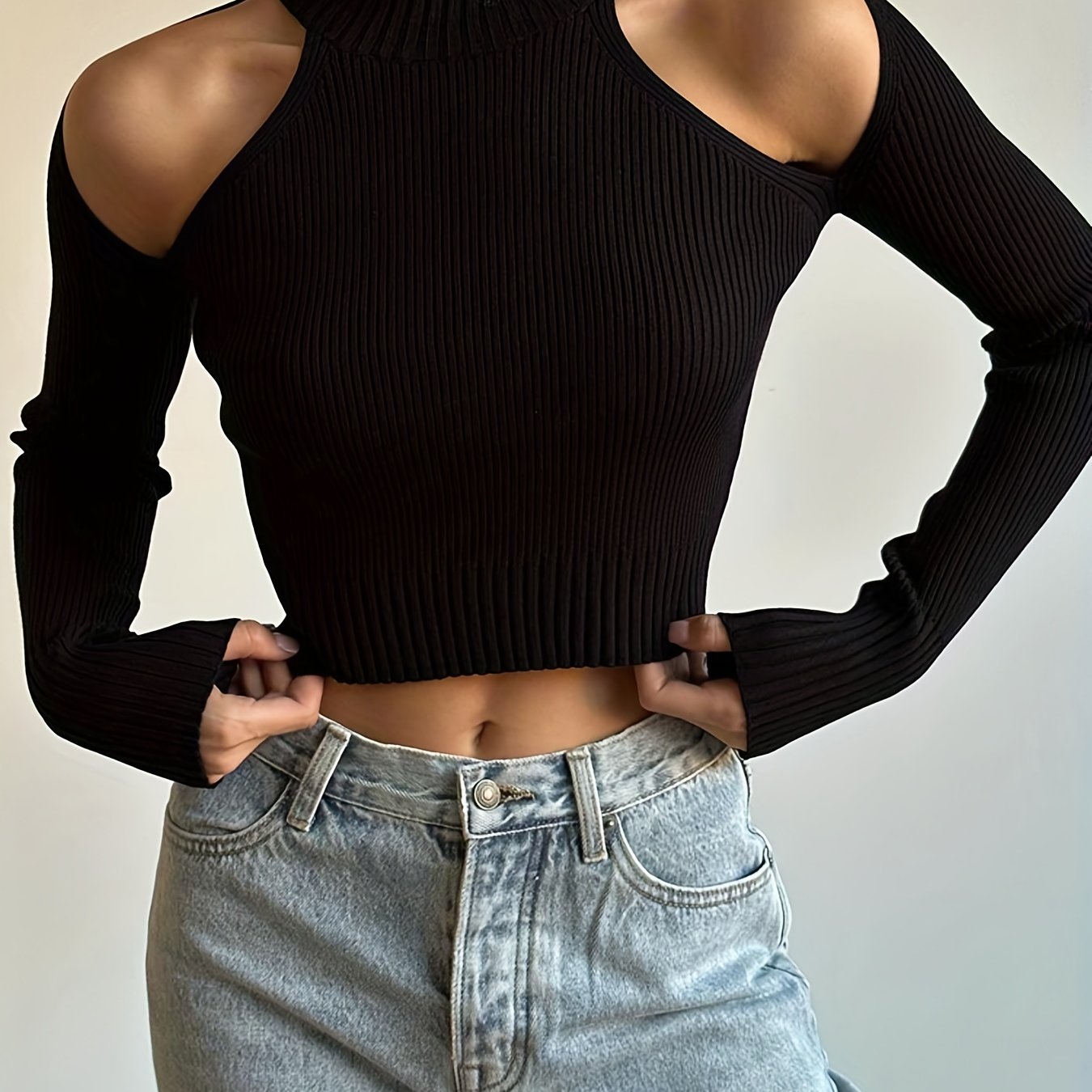 vlovelaw  Cold Shoulder Mock Neck Knitted Sweater, Casual Solid Long Sleeve Sweater, Women's Clothing